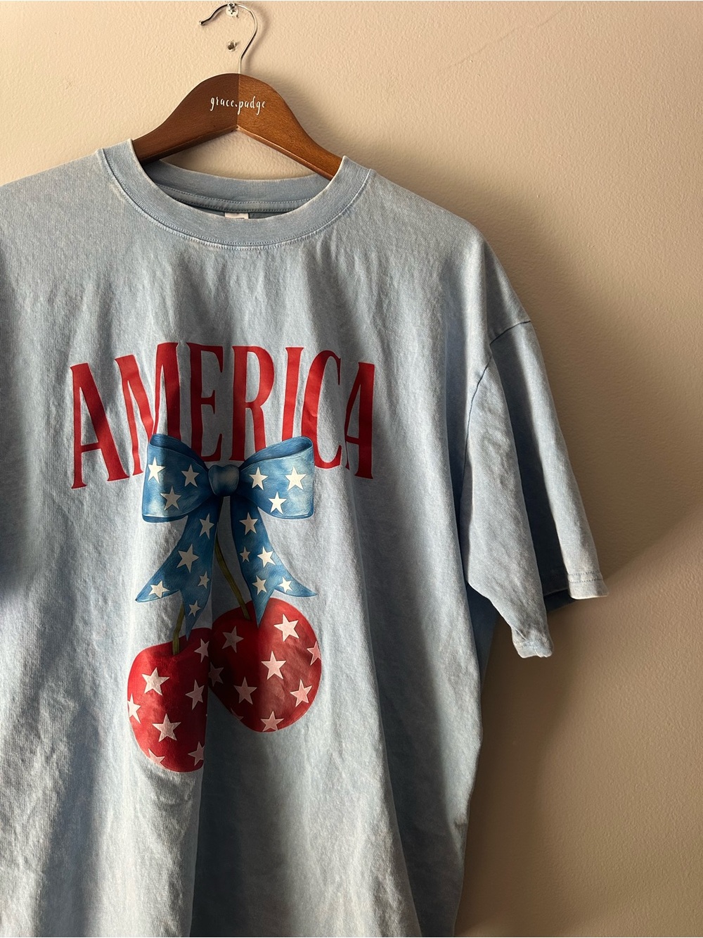 SHEIN Light Blue Short Sleeve Tee with Red America Print & Blue Bow